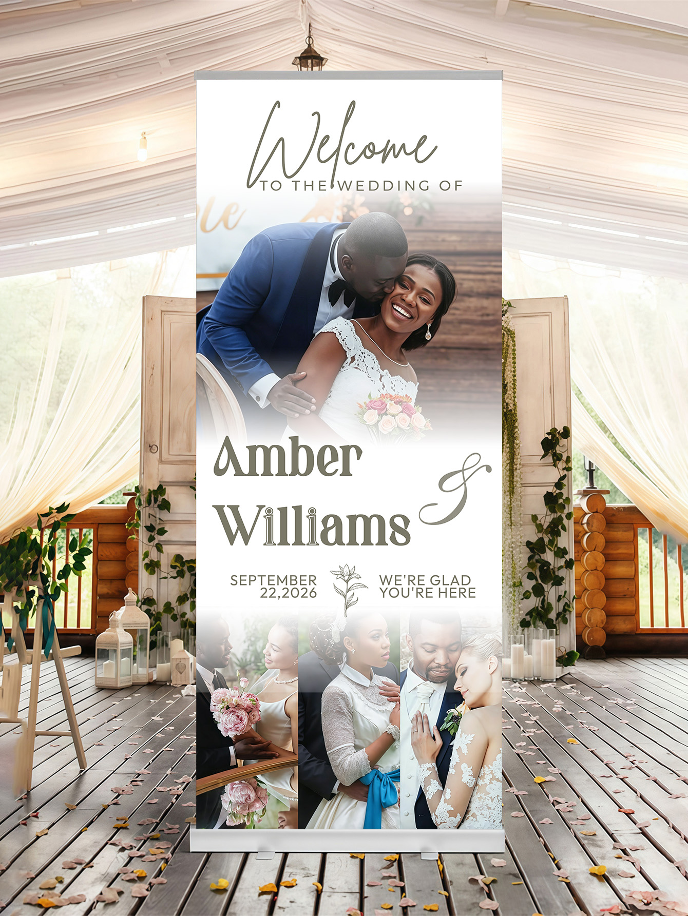 Customized wedding retractable banners - personalized photo wedding welcome signs, reception decorations and background curtains
